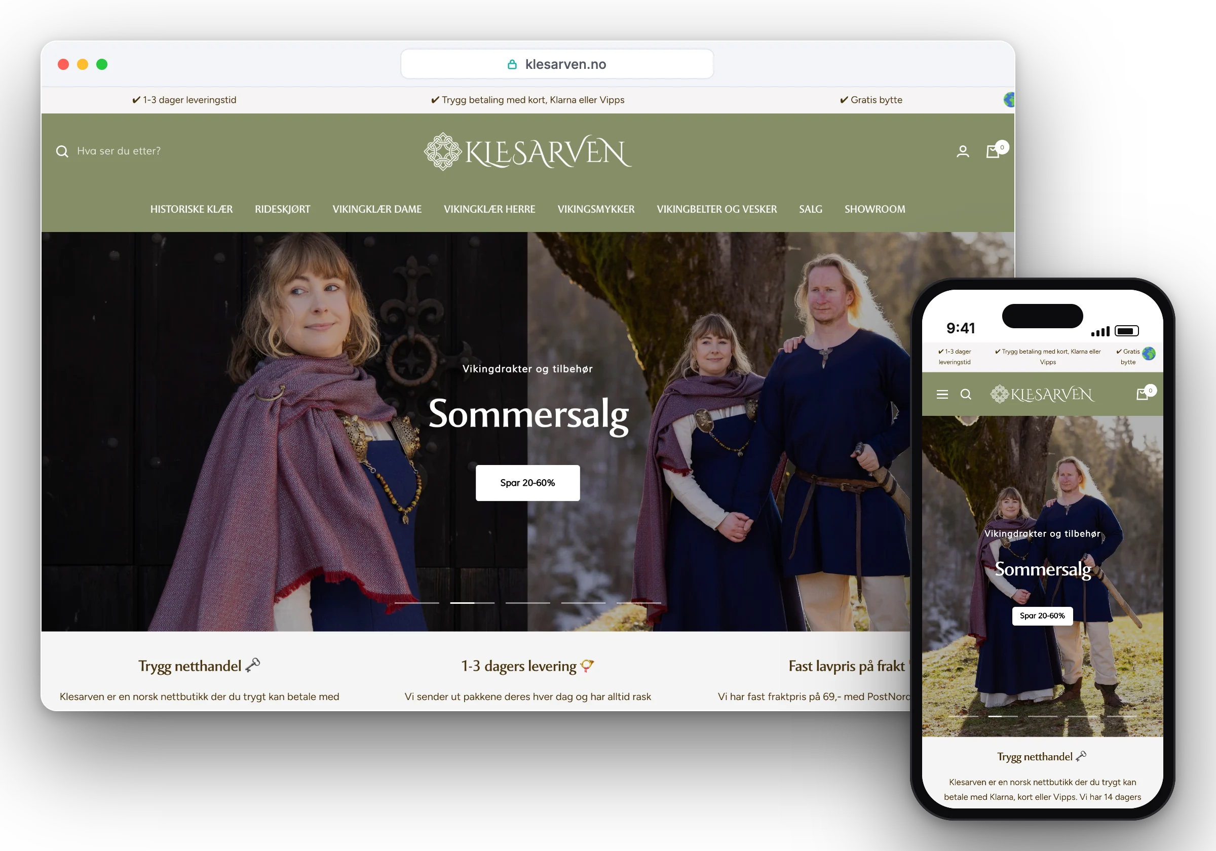 Nettbutikken til Klesarven, vist på desktop og mobil