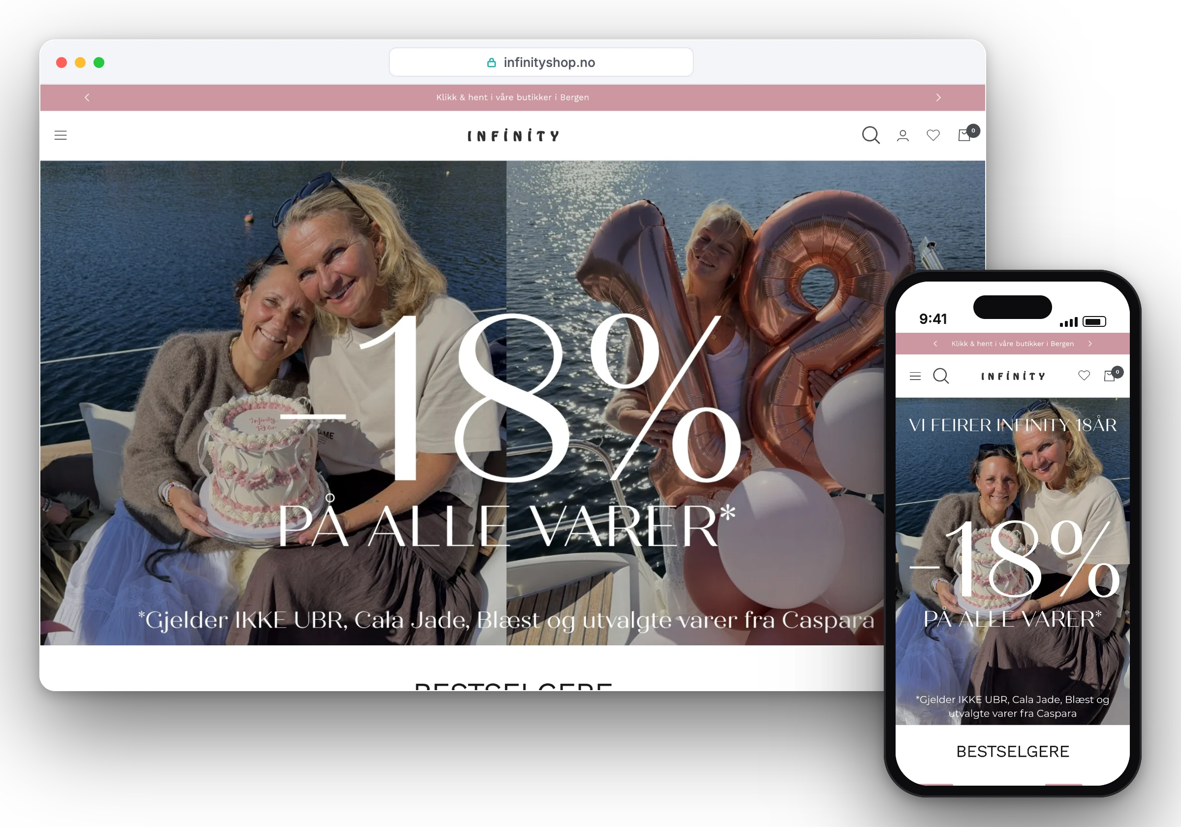 Nettbutikken til Infinity i Shopify, vist på desktop og mobil